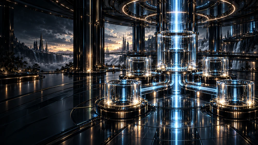 Five illuminated glass infrastructure cores connected by cyan conduits in a titanium architectural environment