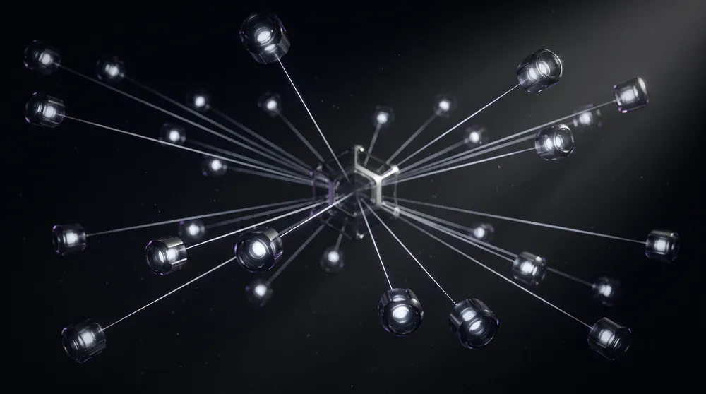 Small glass nodes suspended in darkness, each linked by a fine line to one central structure.