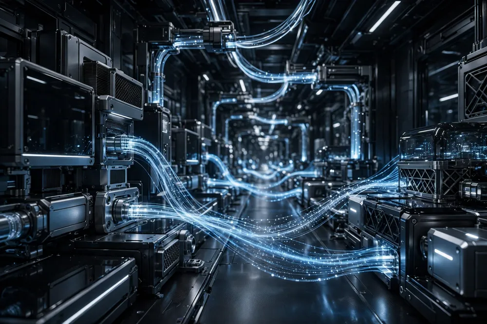 Streams of blue light flowing between machined modules along a long corridor.