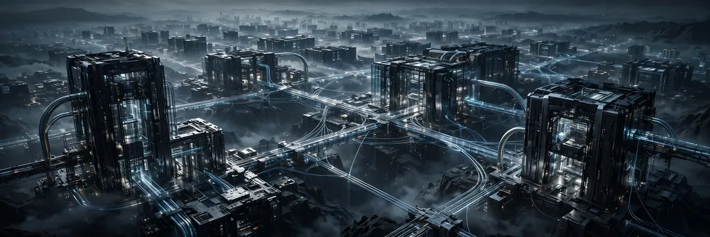 An aerial view of dark compute buildings across a misty landscape, joined by glowing conduits.
