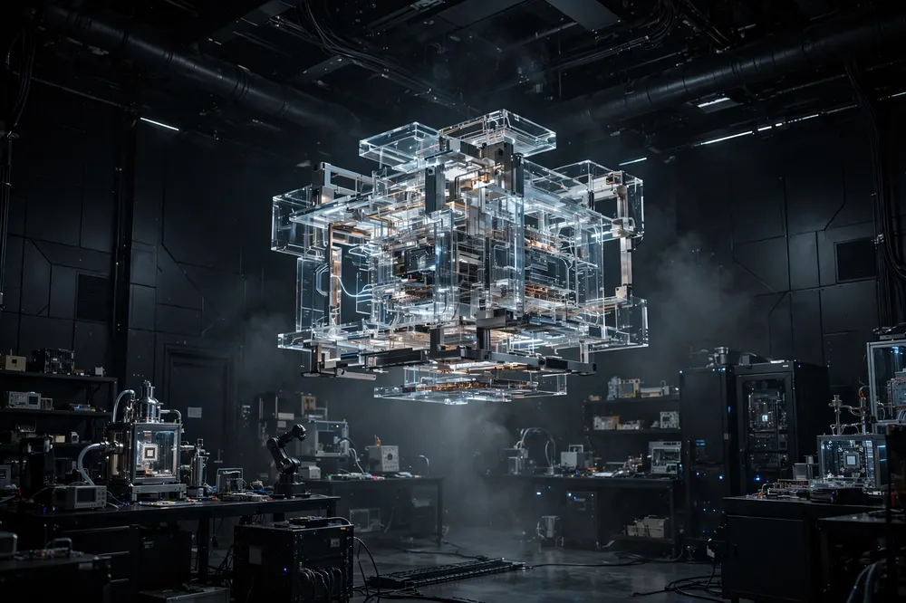 A glass and metal assembly suspended above workbenches in a dark engineering lab.
